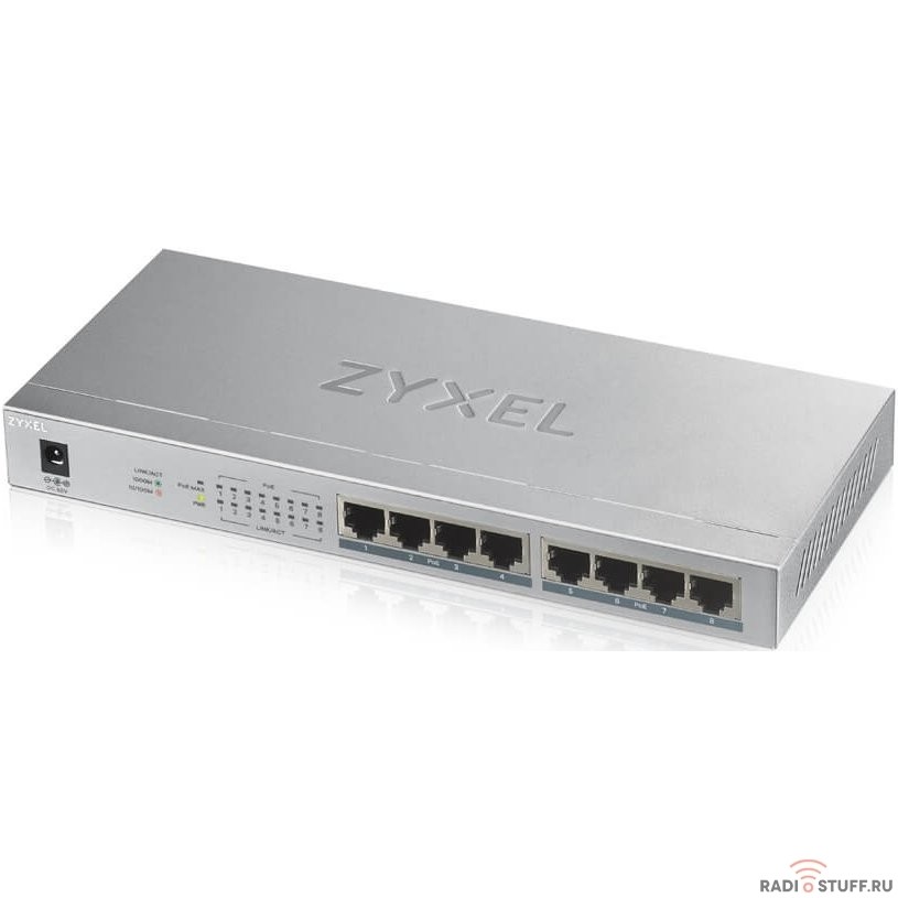 ZYXEL GS1008HP-EU0101F PoE+ коммутатор GS1008HP, 8xGE PoE+, настольный, металлический, бесшумный, бюджет PoE 60 Вт